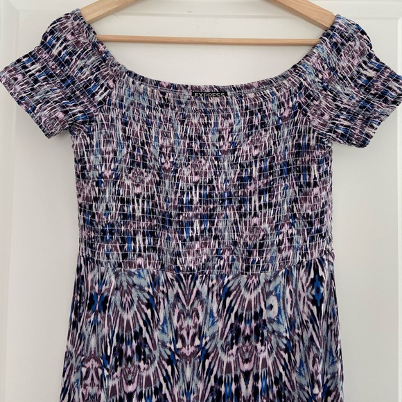Express Smocked Bodice Maxi Dress Blue Purple Stretch Comfy Boho Off Shoulder S - Picture 5 of 16